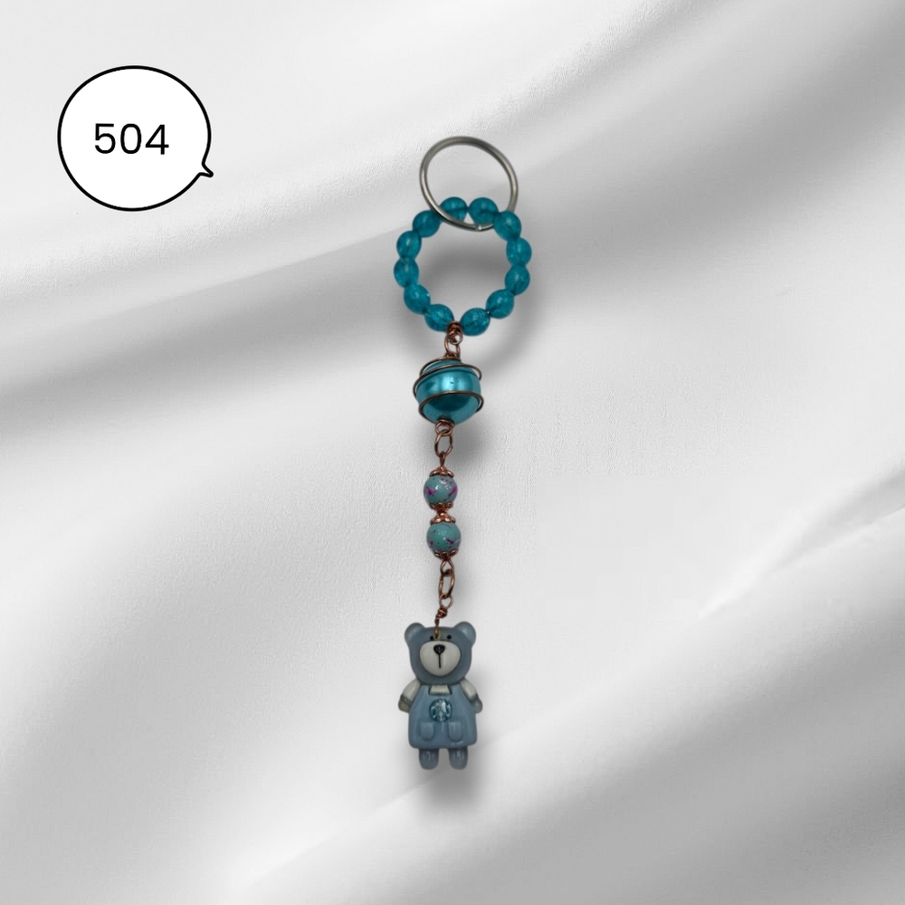 Handmade Teal Beaded Blue Bear Charm Keychain